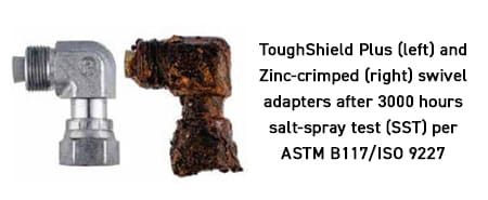 ToughShield Plus (left) and Zinc-crimped (right) swivel adapters after 3000 hours salt-spray test (SST) per ASTM B117/ISO 9227